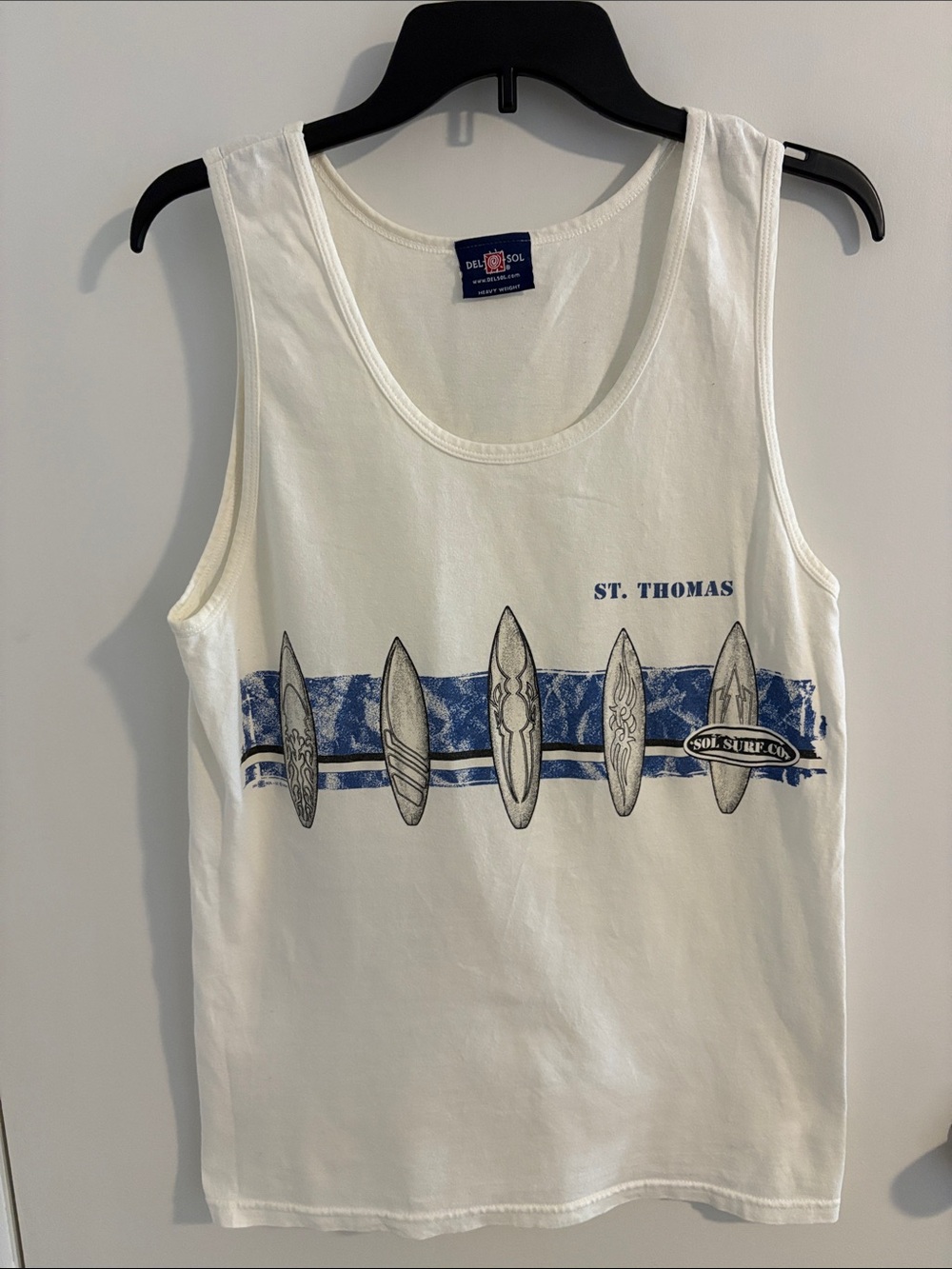 Del Sol St. Thomas White Surfboard Graphic Tank
